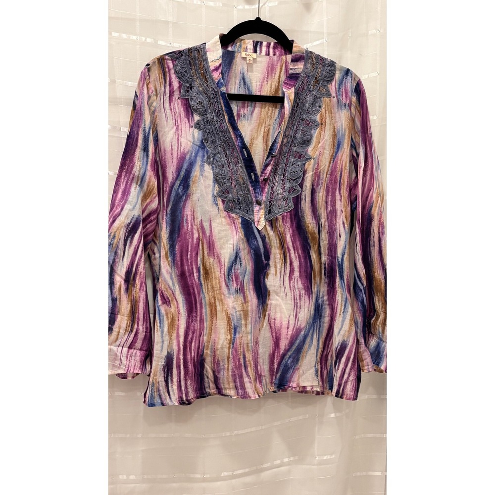 Reba Womens Purple Abstract Print Cotton Tunic Top Crochet Lace‎ V-Neck Medium